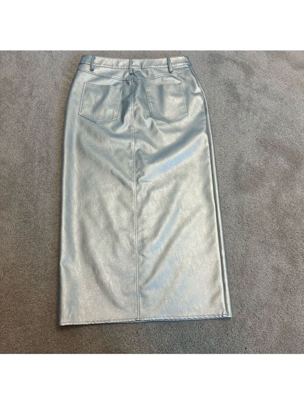 WAYF metallic silver faux leather high waisted midi pencil skirt front slit M - Picture 4 of 14